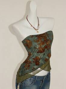 SHEIN ICON 波西米亚风格植绒面料网眼面板不对称下摆紧身胸衣上衣