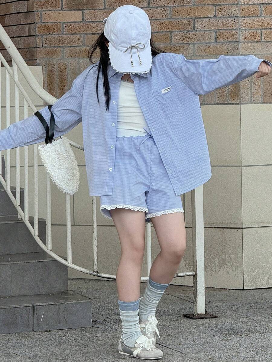 DAZY Tween Girls' Summer Casual Plaid Shirt And Shorts Set,Back To School Clothes