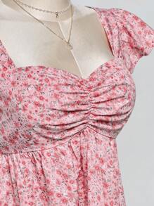 SHEIN ICON Áo Babydoll cỡ lớn có phần ngực nhún bèo, viền bèo nhún và tay áo ngắn bồng bềnh, thích hợp cho mùa hè và kỳ nghỉ - Hồng - Xem 6