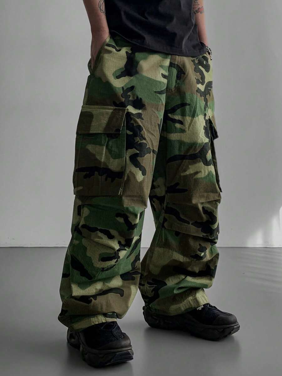 Manfinity EMRG 男士街头风流行INS宽松直筒工装休闲裤，时尚，街头服饰，温暖冬季，圣诞节，秋季 - 軍綠色 - 查看 1
