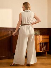 Vintamour Plus Size Women Button Front Sleeveless Pocket Jumpsuit - Khaki - View 2