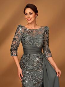 Serin 优雅奢华珍珠刺绣蕾丝和缎面拼接透视长袖美人鱼连衣裙，侧开衩，适合婚礼、派对、度假、庆典、新娘母亲晚礼服 - 深灰色 - 查看 6