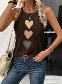 Attitoon Heart Pattern Casual Neck Tied Slim Fitting Tank Top For Women, Suitable For Summer Back To School - Brown - View 9