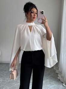 Elenzga Blusa ajustada de gasa con mangas acampanadas elegantes y cuello mao para mujeres, para verano