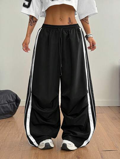 Coolane Pantalones tipo paracaídas de estilo casual deportivo y callejero con decoración de textura estriada, para mujer y hombre