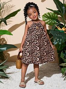 SHEIN Young Girl Woven Leopard Print Snug Fit Casual Sleeveless Dress - Coffee Brown - View 5