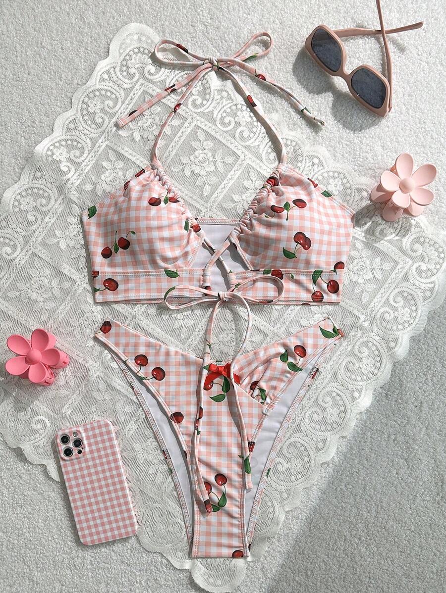 SHEIN Swim Fashionable Women Drawstring Tie Bow Hollow Out Swimsuit Set For Summer - Multicolor - View 1