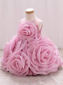 SHEIN Glamorique Kids 女婴3D花卉派对公主裙，可爱适合夏日派对 - 藕粉色 - 查看 4