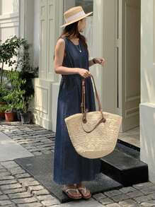 DAZY Women's Round Neck Casual Sleeveless Washed Denim Jumpsuit - Blue - View 5