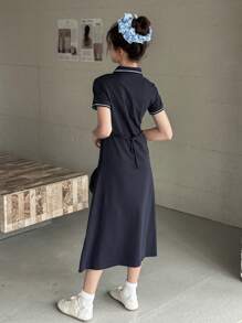 Hapijoa 少女条纹领短袖休闲连衣裙，女孩夏季服装，返校服装 - 藏蓝色 - 查看 5