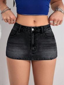 SHEIN PETITE 女式口袋紧身休闲牛仔裙 - 黑色 - 查看 5