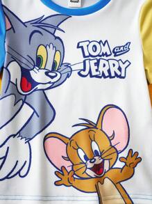 TOM & JERRY X SHEIN Pigiama set per ragazzo giovane, composto da t-shirt a maniche corte con stampa di cartoni animati blu e pantaloncini aderenti e comodi, stile casual