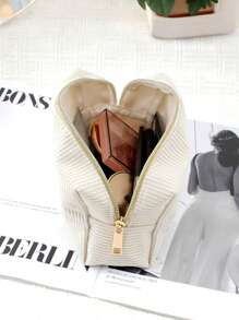 1 件大容量灯芯绒化妆包，蝴蝶结图案简约纯色铅笔袋，学生文具收纳必备用品，可爱多功能收纳袋，铅笔盒，化妆包，文具，化妆品，护肤品，口红，刷子，硬币，小物件，返校，学校用品 - 彩色 - 查看 3