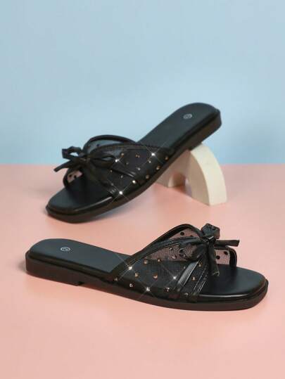 Mini mi Kids' Crystal Sparkle Black Mesh Bow Slides | Breathable And Quick Dry Upper | Splash-Ready Play-To-Park Essentials