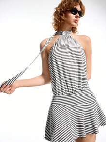 LYSMO Women's Halter Tie Striped Backless Mini Dress With Asymmetrical Hem - Grey - View 2