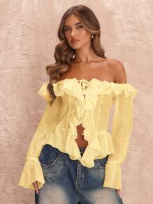 SHEIN BAE 女士纯白色露肩荷叶边长袖不对称系带下摆衬衫，浪漫性感的设计，适合秋冬、春季、度假旅行、情人节、甜蜜浪漫、日常穿着、公主风格、生日、伴娘 - 黃色 - 查看 5