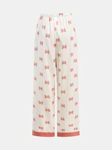 2 Stücke Set für Teenager Mädchen mit niedlicher Schleife, V-Ausschnitt Kurzarm T-Shirt mit Tasche und gerade geschnittener Hose als Loungewear Schlafanzug