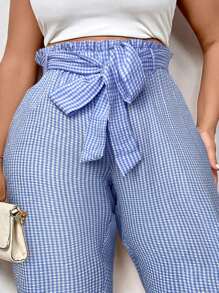 Firerie Elegante Büro Stoffhose in Große Größen mit Raffung, Bindedetail in Taille, elastischer Bund mit Taschen und verjüngtem Bein/Lässige Stoffhose mit Bindung in Karomuster - Blau-Weiß - Übersicht 7