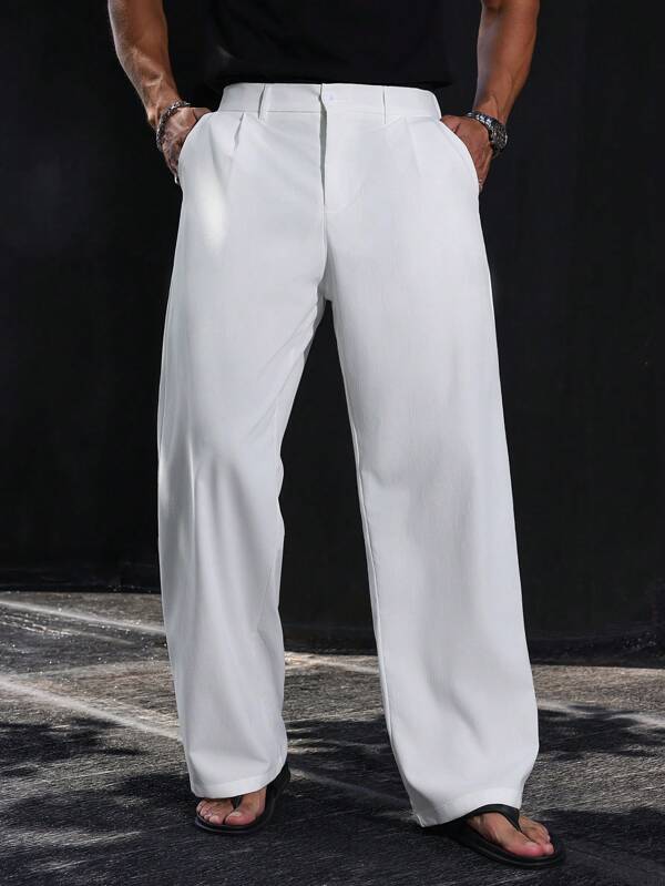 Manfinity Homme Men's White Pants, Textured Soft Single Pleat, Summer Thin Straight Leg Loose White Casual Trousers Wide Leg Pants Men Clothing Men Pants Men Wide Leg Pants Men Pants Wide Leg Men's Wide Leg Trouser