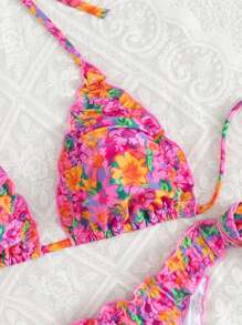 Swim Mod 2pcs/Set New Summer Holiday Sexy Ditsy Floral Ruched Halter Criss-Cross Back Triangle Bikini Swimwear Set - Multicolor - View 5