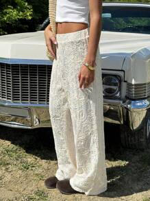 SHEIN EZwear Quần ống đứng rộng rãi họa tiết hoa lưng thun cho nữ - Màu be - Xem 4