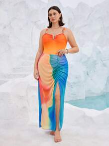 SHEIN Swim Curve 2pcs/Set Plus Size Women Fashion Ombre Bikini Set With Casual Vacation Mid-Length Skirt For Summer - Multicolor - View 4