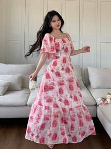 Modelyn Chiffon Batik Muster Quadratischer Ausschnitt A-Linie Kleid - Verschiedenfarbig - Übersicht 5