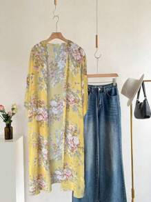 EMERY ROSE Women's Casual Floral Print Long Regular Fit Jacket, Everyday Wear In Fall/Winter - Yellow - View 3