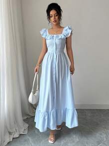 Elenzga 法式条纹荷叶边盖袖收腰优雅长衬衫裙，适合女士/条纹/商务休闲女士/度假装女士/极简主义/裹身裙