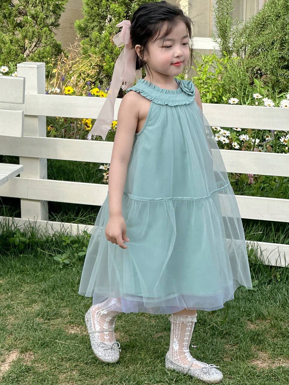 Young Girls Round Neck Mesh Sleeveless Dress, Summer Vacation