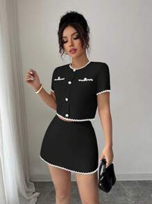 Elenzga 2 件套女士春夏法式优雅撞色波浪丝带细节黑色纽扣短袖上衣和撞色波浪丝带饰边半身裙