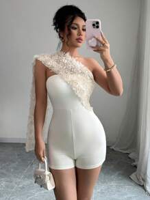 SHEIN Clasi Women's Floral Patchwork Decor Romper - Apricot - View 1