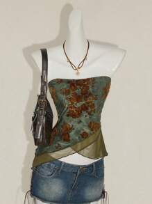 SHEIN ICON 波西米亚风格植绒面料网眼面板不对称下摆紧身胸衣上衣