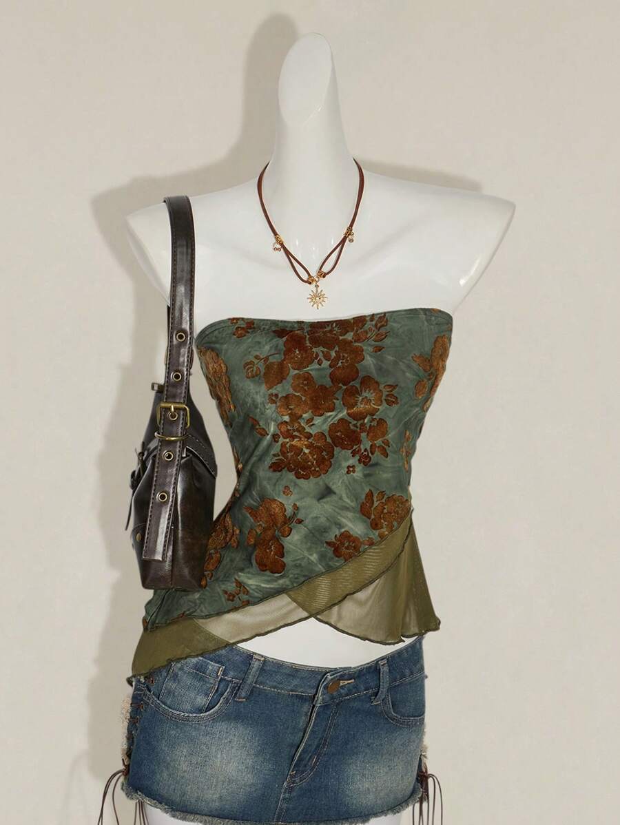 SHEIN ICON 波西米亚风格植绒面料网眼面板不对称下摆紧身胸衣上衣 - 綠色 - 查看 1