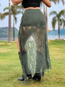 SHEIN EZwear Plus Size Lace High Low Hem Skirt, Minimalist & Fashionable, Suitable For Summer - Olive Green - View 2