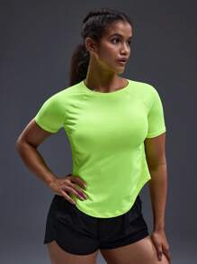 POWERISTA Powerista Women Neon Green Round Neck Raglan Short Sleeve Daily Fitness Sports T-Shirt