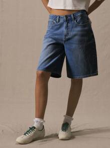 MUSERA 低腰长款牛仔短裤 春夏可爱度假 90年代 Y2K 西部风 假日音乐会 锐舞派对 返校季 街头风 冬季 纳什维尔 休闲日常 时尚 - 中等水洗藍 - 查看 2