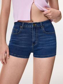 SHEIN Essnce Low Waist Denim Rhinestone Decorated Shorts For Women,New Summer Fashion Casual Elastic Fitted Sexy Slim Attractive Shorts - Blue - View 6