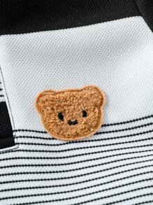 Souflis Souflis 男婴幼儿休闲可爱熊刺绣徽章条纹短袖 Polo 衫和短裤套装，适合夏季 - 黑色 - 查看 8