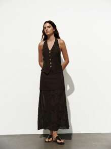 Lumivelle Women's Fashion Minimalist V-Neck Sleeveless Tie Camisole + Chiffon Pleated Hem A-Line Skirt 2 Pieces Set