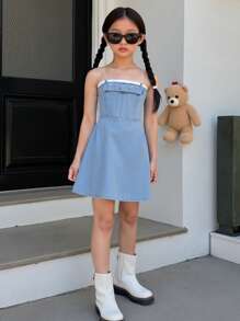 Tween Girls Y2K Stone Washed Snug Fit Skater Dress With Bow Detail, Cute Denim Overall Dress For Spring/Summer Vacation - Light Wash - View 2