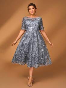 Serin Large Size Elegant Romantic Gorgeous Gray Blue Sequin Embroidery Round Neck Three-Quarter Sleeves A-Line Hem Medium Long Suitable For Dinner Bachelorette Party Date Dance Holiday Music Festival Wedding Event Evening Dress Bride Mother Dress Tea Party Dress
