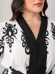 Modelyn Plus Size Women's Elegant Modest Dress: Long Sleeve, V Neck, Belted, Flared Hem, Black And White Floral Print Woven Fabric Maxi Dress - Multicolor - View 7