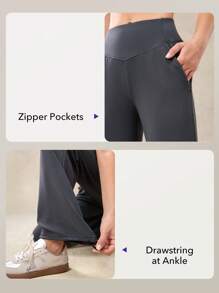 OutZeal Pantalones deportivos de pierna ancha con cintura alta, bolsillo con cremallera y modelo suave para uso diario y casual en otoño para mujeres - Gris - Ver 5