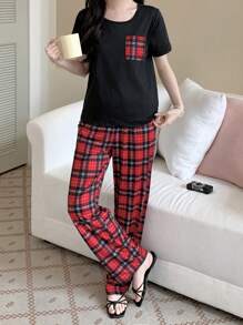 SHEIN 2-częściowy zestaw casualowy dla nastolatki: koszulka z krótkim rękawem i kieszenią z okrągłym dekoltem + spodnie piżamowe z luźnymi prostymi nogawkami w kratę, wygodny strój domowy