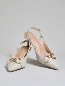 SHUZIA 女士舒适尖头小猫跟装饰露跟亚麻鞋 - 米色 - 查看 6