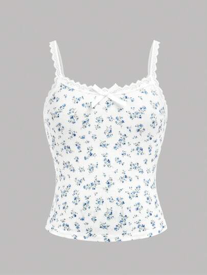 SHEIN Girlism Tween Girl Casual Vacation Lace Trim Cami Ribbon Bow Decor Slim Fit Blue & White Ditsy Floral Knitted Rib Vest