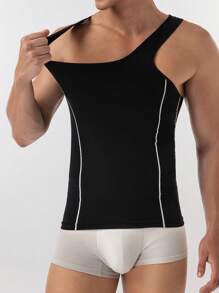 Men's Contrast Trim Sleeveless Compression Tank Top - Black - View 1