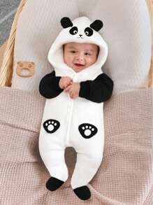 SHEIN 新生儿可爱熊猫耳朵刺绣图案连脚睡衣，婴儿连体衣家居服 - 黑色 - 查看 3