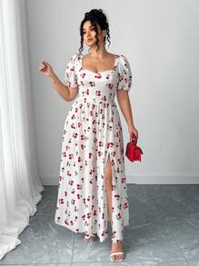 Elenzga Plus Size Women Cherry Print Ruffle Backless Split Dress With Bubble Sleeves - White - View 5